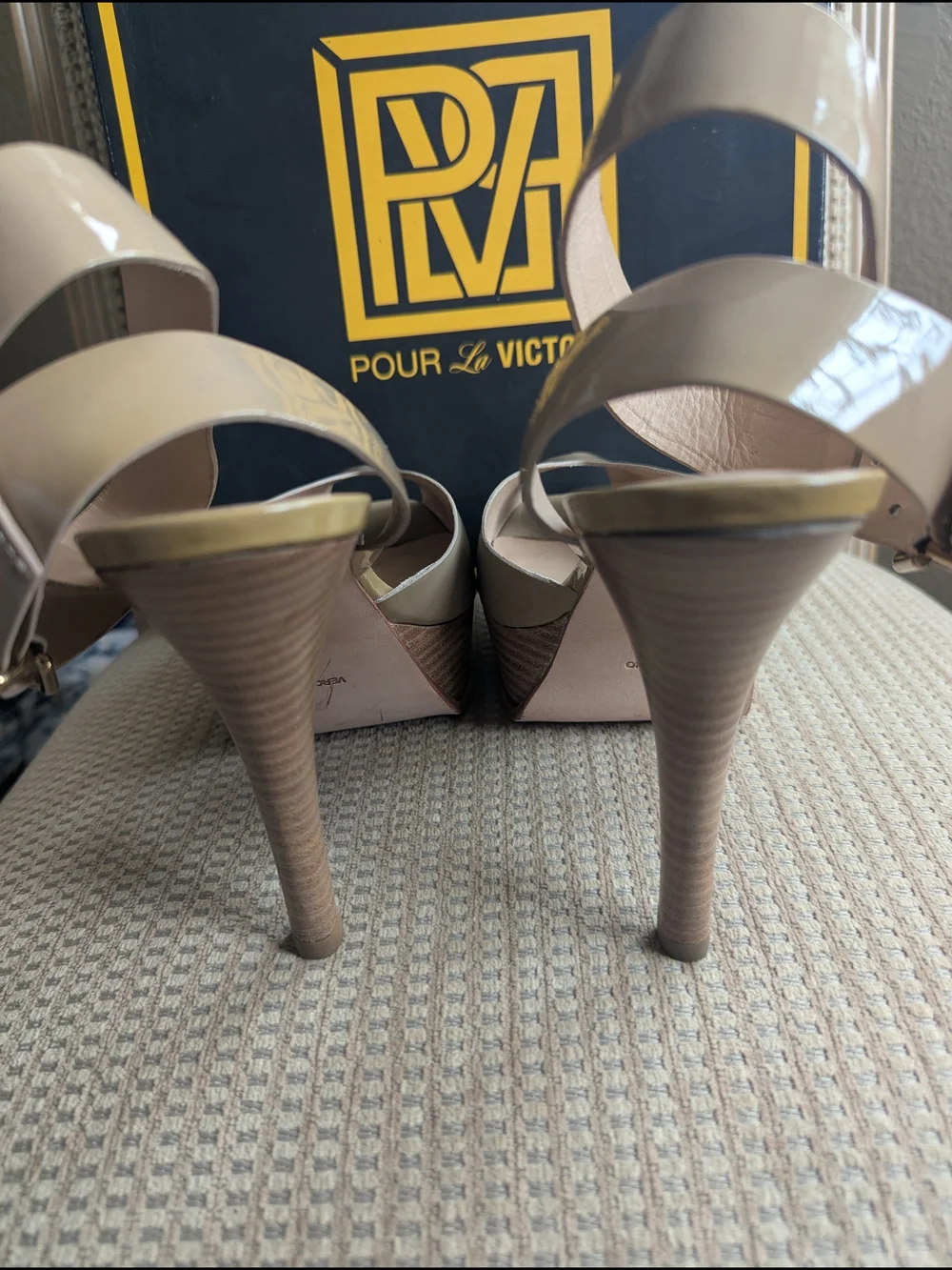 Pour La Victoire Beige Patent Platform Sandal with Ankle Strap
